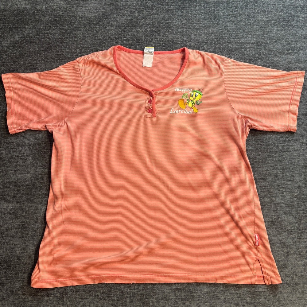 Looney Tunes Tweety Bird Shopping is Exercise Women Coral Pink Striped Henley XL